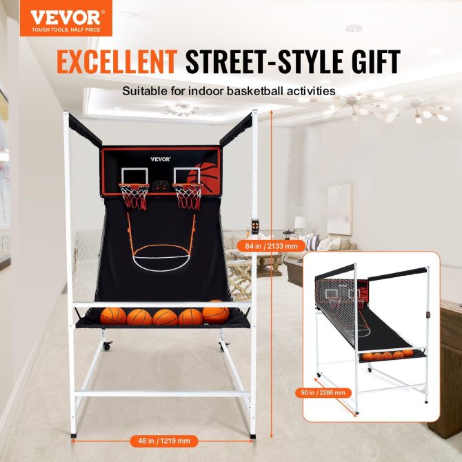 VEVOR Arcade Cage Basketball Game, 2 Player Indoor Basketball Game, Home Dual Shot Sport with 5 Balls, 8 Game Modes, Electronic Scoreboard, and Inflation Pump, for Kids, Adults (Black & White) - Image 2