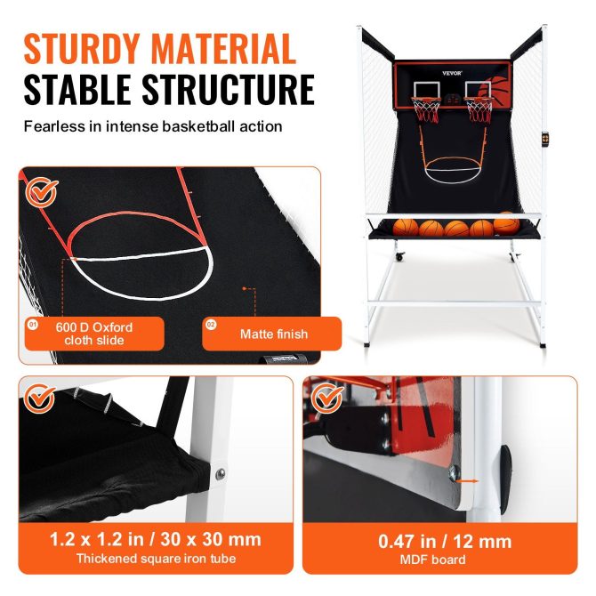 VEVOR Arcade Cage Basketball Game, 2 Player Indoor Basketball Game, Home Dual Shot Sport with 5 Balls, 8 Game Modes, Electronic Scoreboard, and Inflation Pump, for Kids, Adults (Black & White) - Image 3