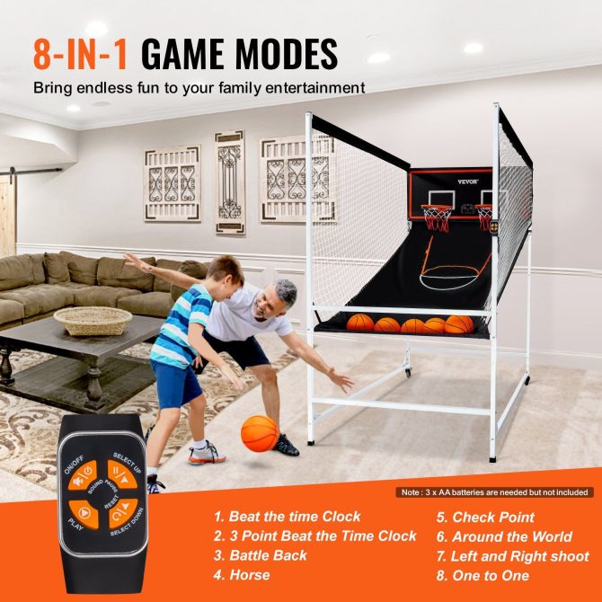 VEVOR Arcade Cage Basketball Game, 2 Player Indoor Basketball Game, Home Dual Shot Sport with 5 Balls, 8 Game Modes, Electronic Scoreboard, and Inflation Pump, for Kids, Adults (Black & White) - Image 4