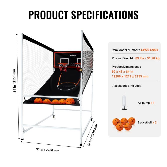 VEVOR Arcade Cage Basketball Game, 2 Player Indoor Basketball Game, Home Dual Shot Sport with 5 Balls, 8 Game Modes, Electronic Scoreboard, and Inflation Pump, for Kids, Adults (Black & White) - Image 7