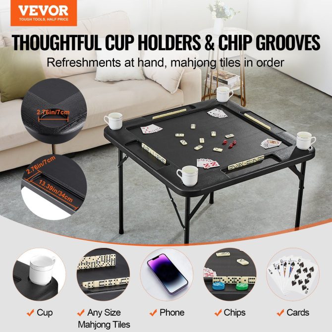 VEVOR Mahjong Table 4 Player Folding Card Table & 4 Cup Holders Chip Trays Black - Image 2