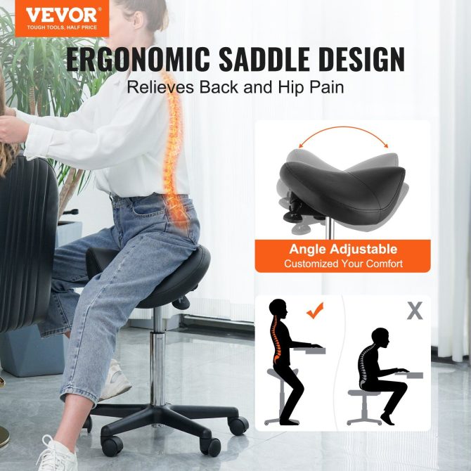 VEVOR Saddle Stool with Wheels, 400 LBS Weight Capacity, Height Adjustable Thickened PU Leather Swivel Saddle Stool Chair for Salon, Spa, Tattoo, Clinic, Black - Image 2