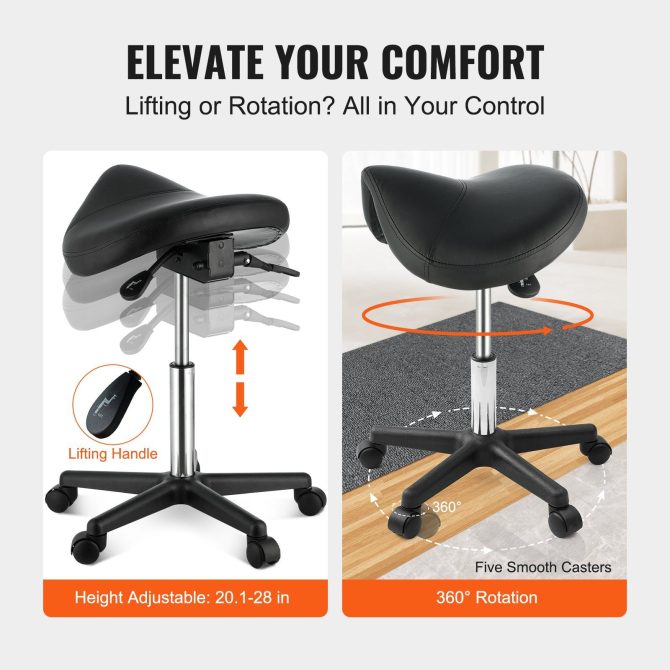 VEVOR Saddle Stool with Wheels, 400 LBS Weight Capacity, Height Adjustable Thickened PU Leather Swivel Saddle Stool Chair for Salon, Spa, Tattoo, Clinic, Black - Image 5