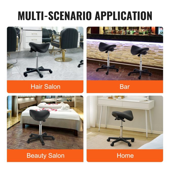 VEVOR Saddle Stool with Wheels, 400 LBS Weight Capacity, Height Adjustable Thickened PU Leather Swivel Saddle Stool Chair for Salon, Spa, Tattoo, Clinic, Black - Image 6