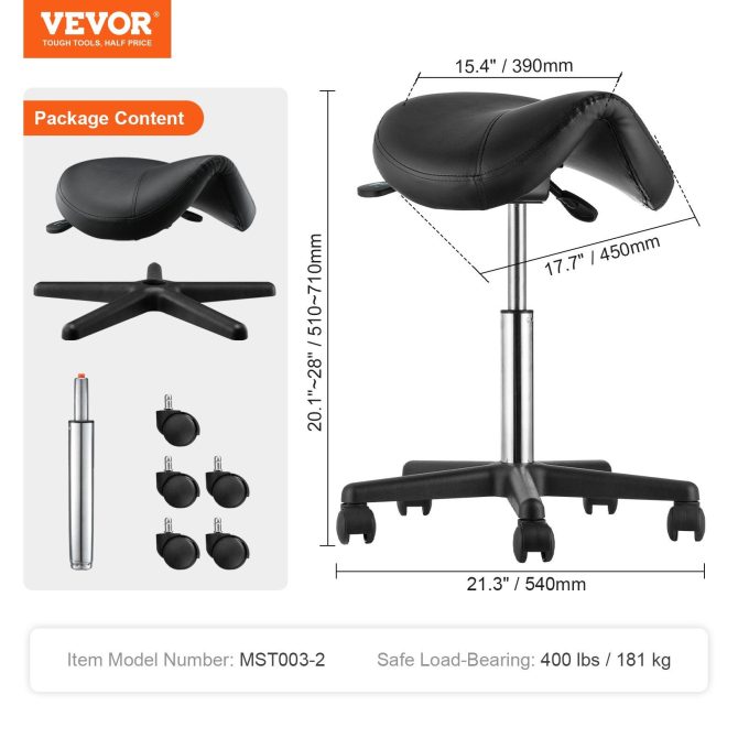 VEVOR Saddle Stool with Wheels, 400 LBS Weight Capacity, Height Adjustable Thickened PU Leather Swivel Saddle Stool Chair for Salon, Spa, Tattoo, Clinic, Black - Image 7