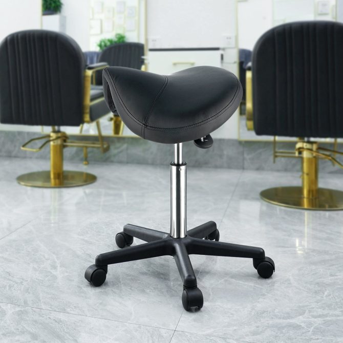 VEVOR Saddle Stool with Wheels, 400 LBS Weight Capacity, Height Adjustable Thickened PU Leather Swivel Saddle Stool Chair for Salon, Spa, Tattoo, Clinic, Black - Image 8