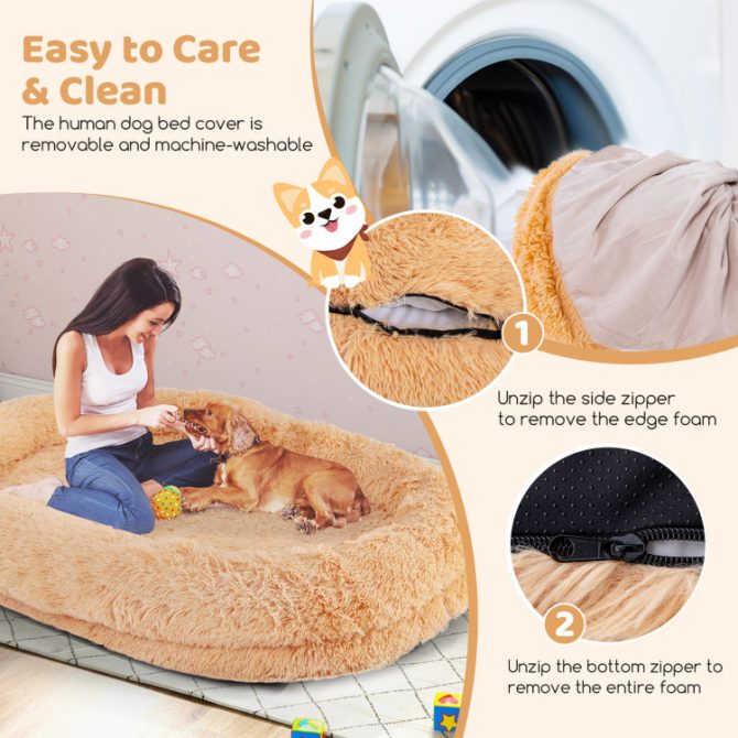 Washable Fluffy Human Dog Bed with Soft Blanket and Plump Pillow - Image 8