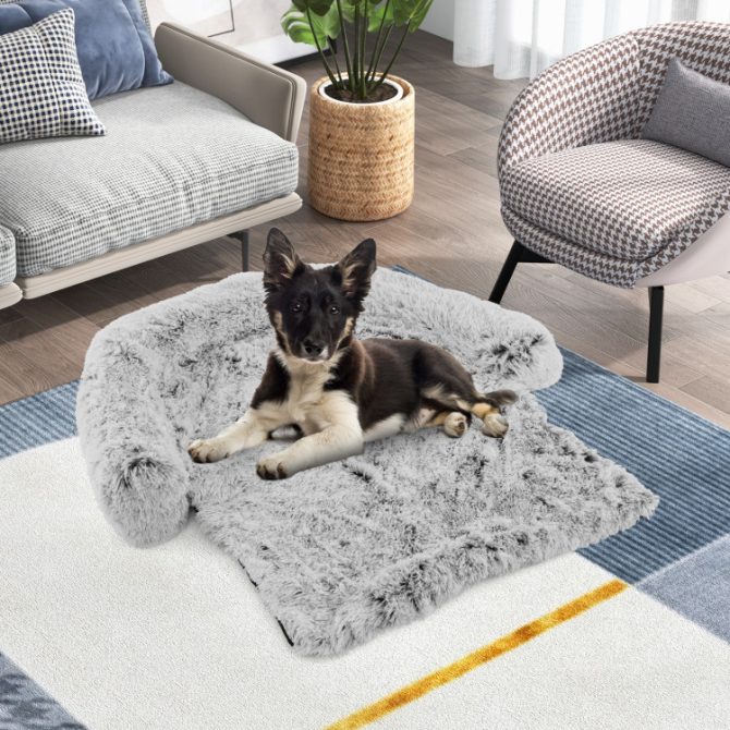 Gray Plush Calming Dog Couch Bed with Anti-Slip Bottom - Image 13