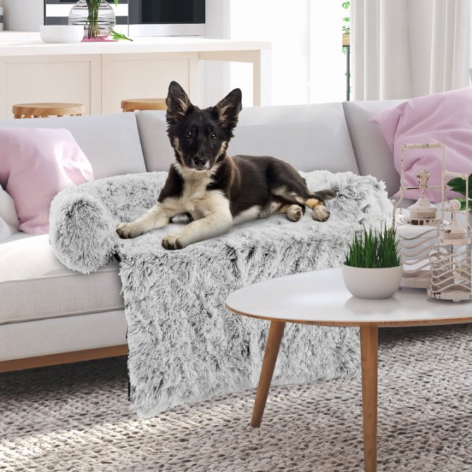 Gray Plush Calming Dog Couch Bed with Anti-Slip Bottom - Image 15