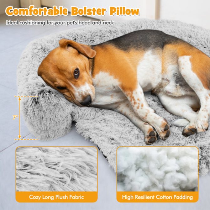 Gray Plush Calming Dog Couch Bed with Anti-Slip Bottom - Image 16