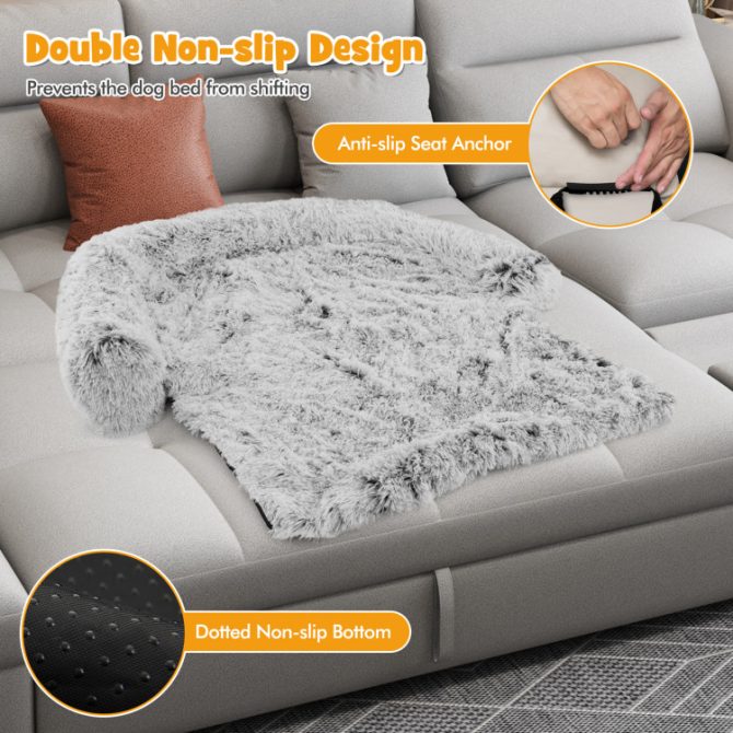 Gray Plush Calming Dog Couch Bed with Anti-Slip Bottom - Image 18