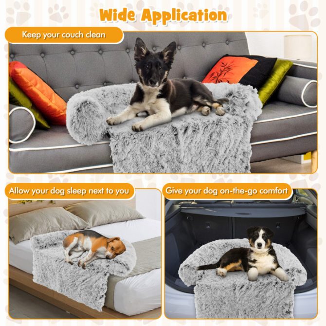 Gray Plush Calming Dog Couch Bed with Anti-Slip Bottom - Image 20