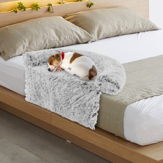 Gray Plush Calming Dog Couch Bed with Anti-Slip Bottom - Image 2