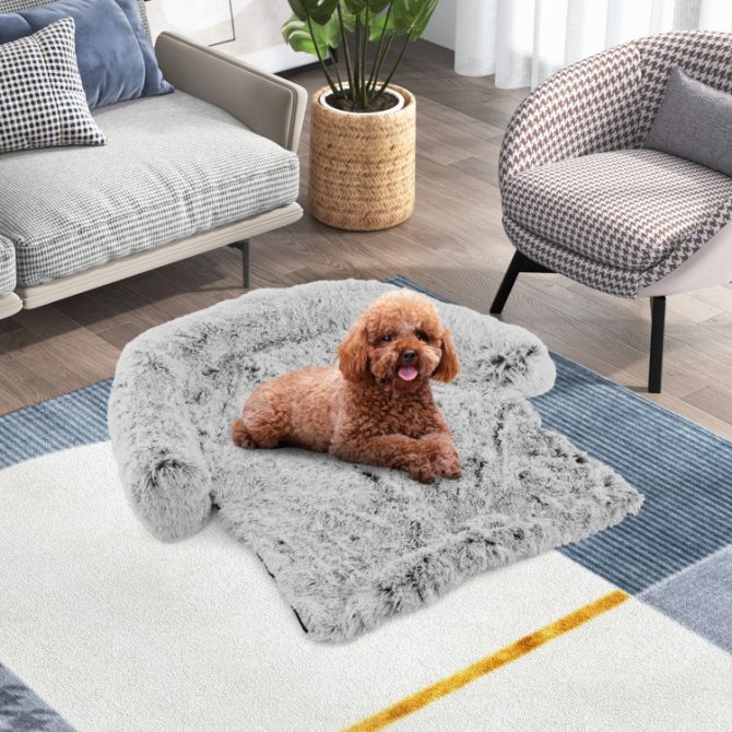 Gray Plush Calming Dog Couch Bed with Anti-Slip Bottom - Image 3