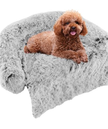 Gray Plush Calming Dog Couch Bed with Anti-Slip Bottom