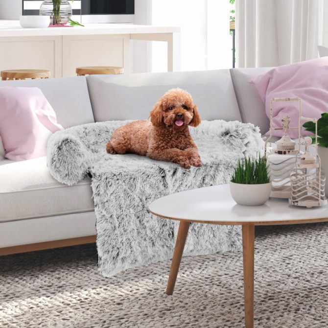 Gray Plush Calming Dog Couch Bed with Anti-Slip Bottom - Image 5