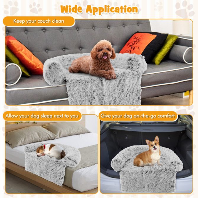 Gray Plush Calming Dog Couch Bed with Anti-Slip Bottom - Image 10