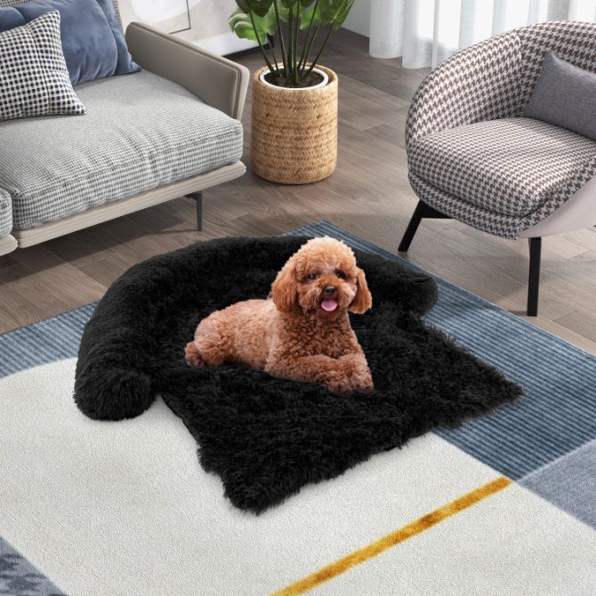 Black Plush Calming Dog Couch Bed with Anti-Slip Bottom - Image 13