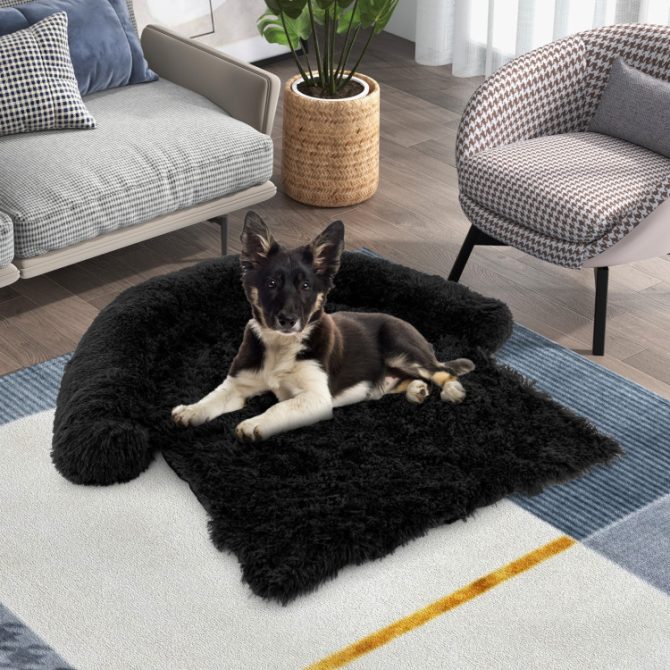Black Plush Calming Dog Couch Bed with Anti-Slip Bottom - Image 3