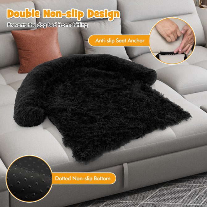 Black Plush Calming Dog Couch Bed with Anti-Slip Bottom - Image 8