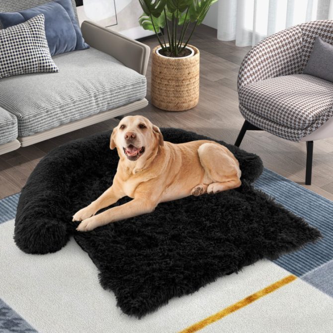 Black Plush Calming Dog Couch Bed with Anti-Slip Bottom - Image 23