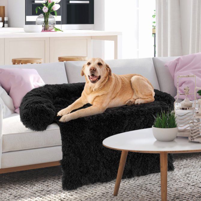 Black Plush Calming Dog Couch Bed with Anti-Slip Bottom - Image 25