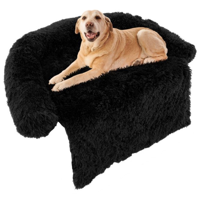 Black Plush Calming Dog Couch Bed with Anti-Slip Bottom - Image 21