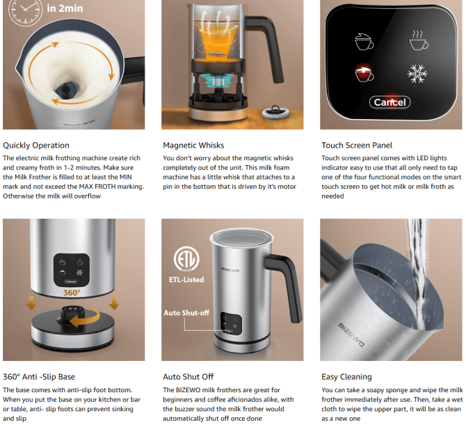 300W Multifunctional cold / hot milk foam 300ml Fully Automatic Milk Heater 360° rotating base SUS304 without BPA adjustable temperature and thickness cappuccino chocolate protein powder mixer cold - Image 12