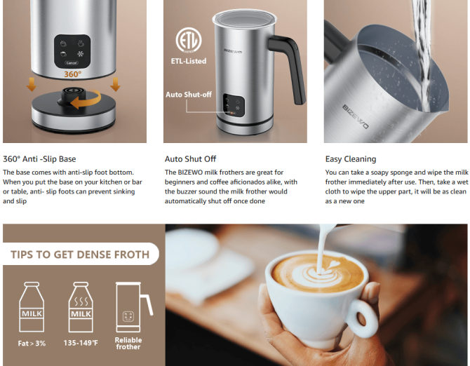300W Multifunctional cold / hot milk foam 300ml Fully Automatic Milk Heater 360° rotating base SUS304 without BPA adjustable temperature and thickness cappuccino chocolate protein powder mixer cold - Image 13