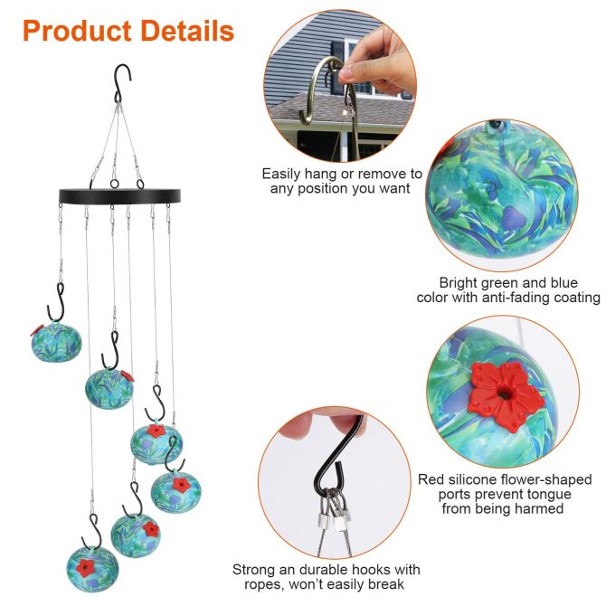 Wind Chimes Humming Bird Feeder Ant and Bee Proof Outdoor Hanging Hummingbird Feeder For Viewing Decoration For Garden Patio Yard Balcony - Image 3
