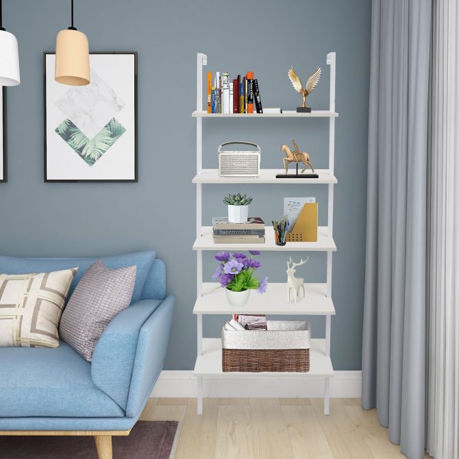 5-Shelf Wood Ladder Bookcase with Metal Frame, Industrial 5-Tier Modern Ladder Shelf Wood Shelves,White - Image 2