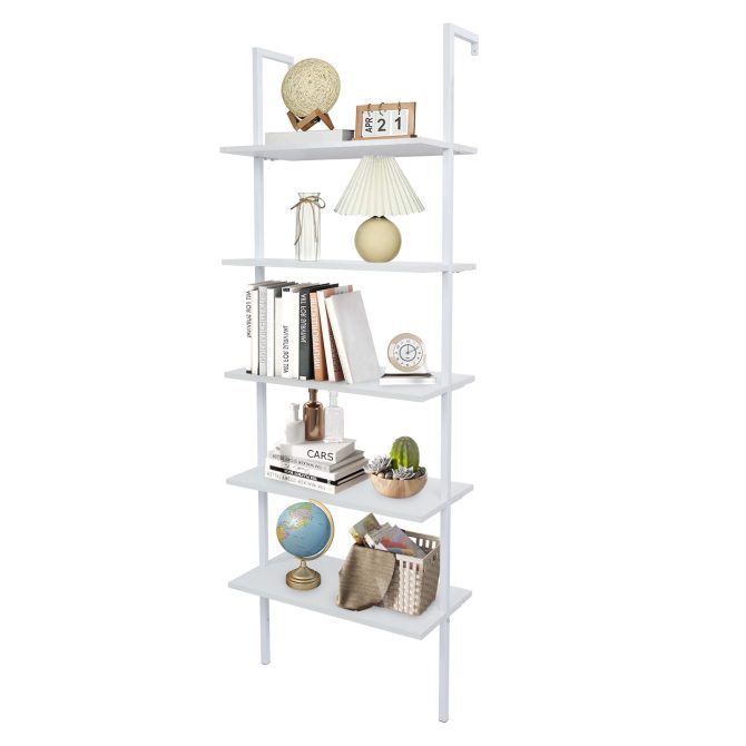 5-Shelf Wood Ladder Bookcase with Metal Frame, Industrial 5-Tier Modern Ladder Shelf Wood Shelves,White - Image 3