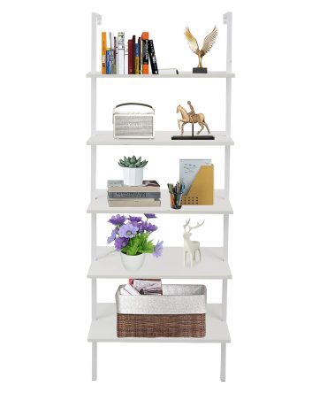 5-Shelf Wood Ladder Bookcase with Metal Frame, Industrial 5-Tier Modern Ladder Shelf Wood Shelves,White