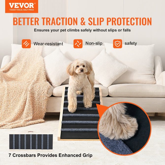 VEVOR Dog Ramp, Folding Pet Ramp for Bed, Adjustable Dog Ramp for Small, Large, Old Dogs & Cats, Wooden Pet Ramp with 39.3" Long Ramp, Adjustable from 15" to 22", Suitable for Couch, Sofa, Car - Image 2