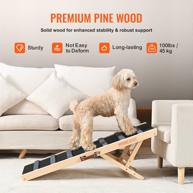 VEVOR Dog Ramp, Folding Pet Ramp for Bed, Adjustable Dog Ramp for Small, Large, Old Dogs & Cats, Wooden Pet Ramp with 39.3" Long Ramp, Adjustable from 15" to 22", Suitable for Couch, Sofa, Car - Image 4