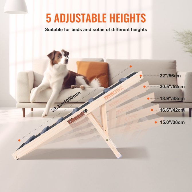 VEVOR Dog Ramp, Folding Pet Ramp for Bed, Adjustable Dog Ramp for Small, Large, Old Dogs & Cats, Wooden Pet Ramp with 39.3" Long Ramp, Adjustable from 15" to 22", Suitable for Couch, Sofa, Car - Image 5