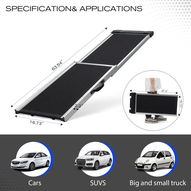 Foldable Aluminum Dog Car Step Ramp, Dog Ramp Climbing Ladder with PVC Handle, Non-slip Foot Mats for Most Sized Dogs, Pet Ramp Ladder, Black - Image 2