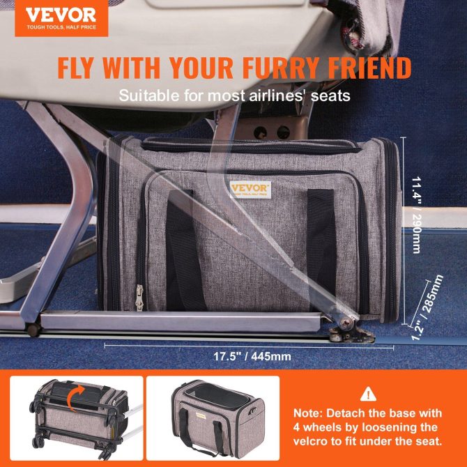 VEVOR Cat Carrier with Wheels, Airline Approved Rolling Pet Carrier with Telescopic Handle and Shoulder Strap, Dog Carrier with Wheels for Pets under 25 lbs, with 1 Folding Bowl, Grey - Image 2