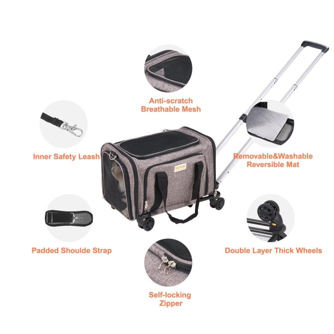 VEVOR Cat Carrier with Wheels, Airline Approved Rolling Pet Carrier with Telescopic Handle and Shoulder Strap, Dog Carrier with Wheels for Pets under 25 lbs, with 1 Folding Bowl, Grey - Image 7