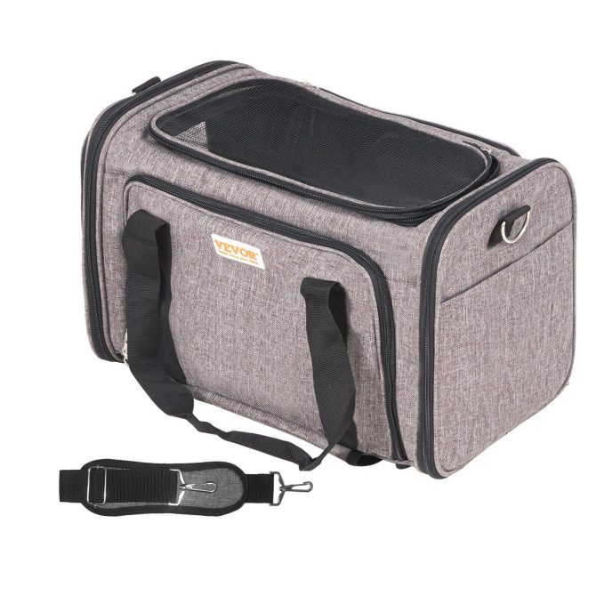 VEVOR Cat Carrier with Wheels, Airline Approved Rolling Pet Carrier with Telescopic Handle and Shoulder Strap, Dog Carrier with Wheels for Pets under 25 lbs, with 1 Folding Bowl, Grey - Image 9