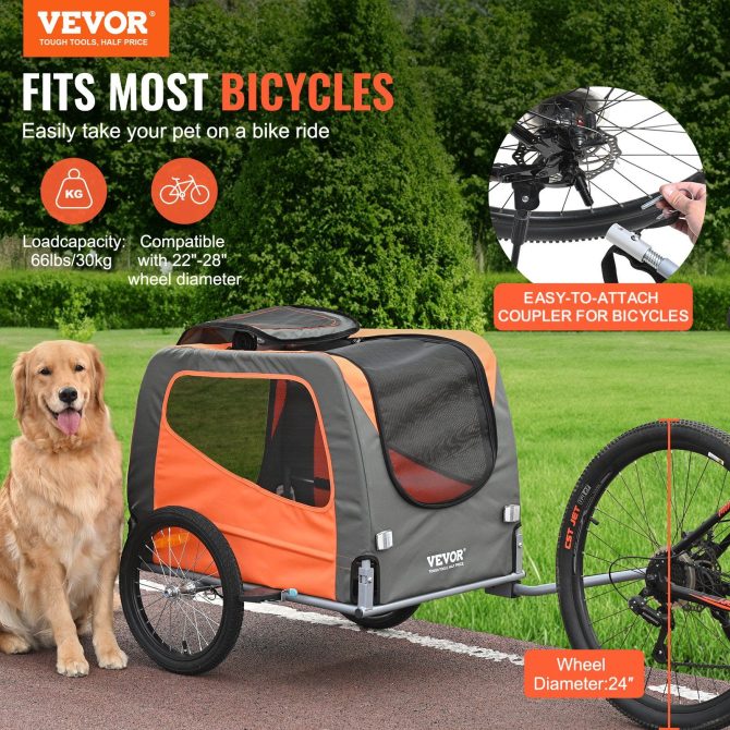 VEVOR Dog Bike Trailer, Supports up to 66 lbs, Pet Cart Bicycle Carrier, Easy Folding Frame with Quick Release Wheels, Universal Bicycle Coupler, Reflectors, Flag, Collapsible to Store, Orange/Gray - Image 2