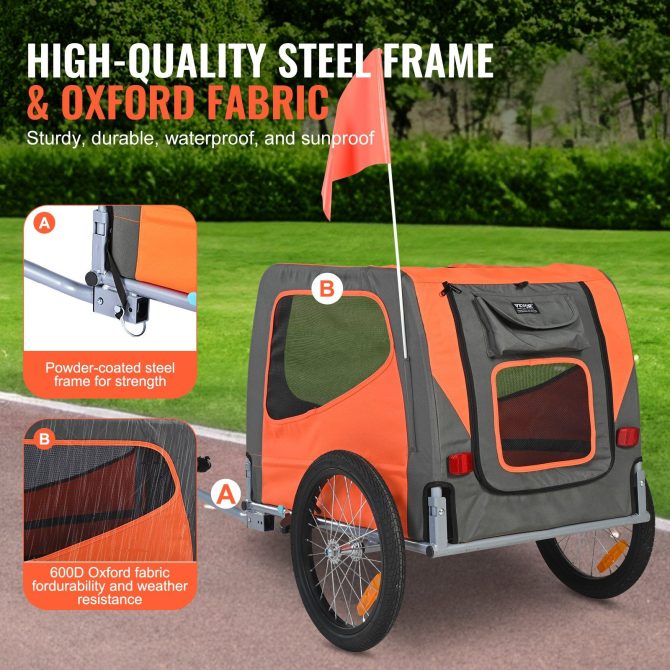 VEVOR Dog Bike Trailer, Supports up to 66 lbs, Pet Cart Bicycle Carrier, Easy Folding Frame with Quick Release Wheels, Universal Bicycle Coupler, Reflectors, Flag, Collapsible to Store, Orange/Gray - Image 3