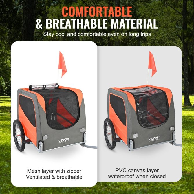 VEVOR Dog Bike Trailer, Supports up to 66 lbs, Pet Cart Bicycle Carrier, Easy Folding Frame with Quick Release Wheels, Universal Bicycle Coupler, Reflectors, Flag, Collapsible to Store, Orange/Gray - Image 4