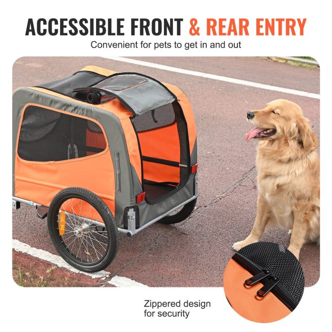 VEVOR Dog Bike Trailer, Supports up to 66 lbs, Pet Cart Bicycle Carrier, Easy Folding Frame with Quick Release Wheels, Universal Bicycle Coupler, Reflectors, Flag, Collapsible to Store, Orange/Gray - Image 5