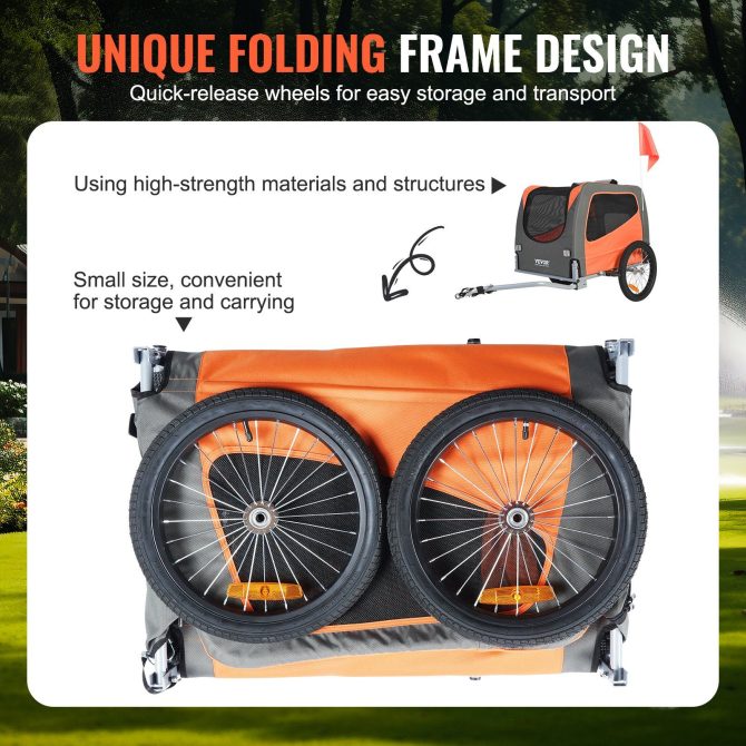 VEVOR Dog Bike Trailer, Supports up to 66 lbs, Pet Cart Bicycle Carrier, Easy Folding Frame with Quick Release Wheels, Universal Bicycle Coupler, Reflectors, Flag, Collapsible to Store, Orange/Gray - Image 6