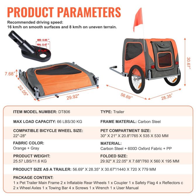 VEVOR Dog Bike Trailer, Supports up to 66 lbs, Pet Cart Bicycle Carrier, Easy Folding Frame with Quick Release Wheels, Universal Bicycle Coupler, Reflectors, Flag, Collapsible to Store, Orange/Gray - Image 7