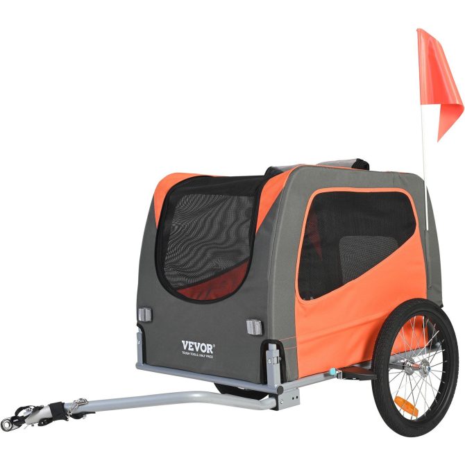VEVOR Dog Bike Trailer, Supports up to 66 lbs, Pet Cart Bicycle Carrier, Easy Folding Frame with Quick Release Wheels, Universal Bicycle Coupler, Reflectors, Flag, Collapsible to Store, Orange/Gray
