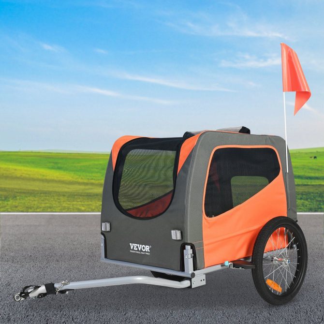 VEVOR Dog Bike Trailer, Supports up to 66 lbs, Pet Cart Bicycle Carrier, Easy Folding Frame with Quick Release Wheels, Universal Bicycle Coupler, Reflectors, Flag, Collapsible to Store, Orange/Gray - Image 8