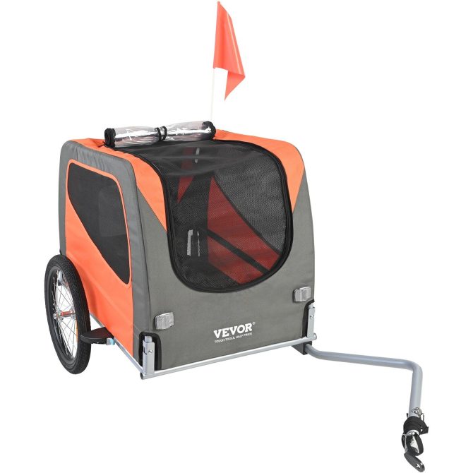 VEVOR Dog Bike Trailer, Supports up to 66 lbs, Pet Cart Bicycle Carrier, Easy Folding Frame with Quick Release Wheels, Universal Bicycle Coupler, Reflectors, Flag, Collapsible to Store, Orange/Gray - Image 9
