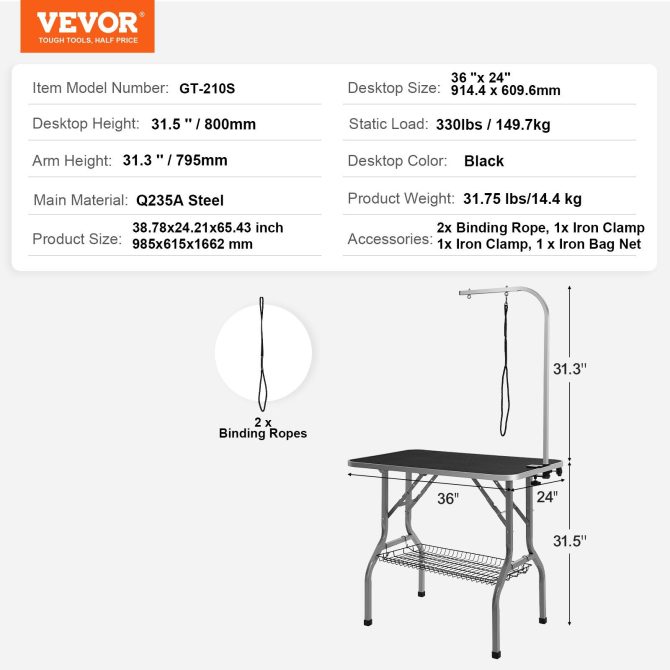 VEVOR Pet Grooming Table Arm with Clamp, 36''x24'' Dog Grooming Station, Foldable Pets Grooming Stand for Medium and Small Dogs, Free No Sit Haunch Holder with Grooming Loop, Bearing 330lbs - Image 7